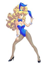 Rule 34 | 1girl, animal ears, blonde hair, blue eyes, bow, bowtie, breasts, cleavage, curly hair, detached collar, dragon quest, dragon quest iii, earrings, fake animal ears, fingernails, fishnet pantyhose, fishnets, full body, high heels, jester (dq3), jewelry, large breasts, leaning, leotard, long fingernails, long hair, nail polish, one eye closed, pantyhose, playboy bunny, rabbit ears, shoes, simple background, solo, white background, wrist cuffs, yaya (tempering)
