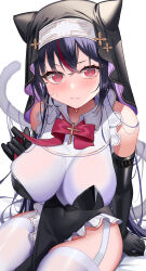Rule 34 | 1girl, absurdres, amahara subaru, bare shoulders, black gloves, black headwear, blue hair, blush, breasts, cat girl, cat tail, closed mouth, commentary request, covered navel, crossed bangs, elbow gloves, garter straps, gloves, highres, large breasts, long hair, looking at viewer, multicolored hair, nun, original, pelvic curtain, red eyes, red hair, simple background, sitting, solo, streaked hair, tail, thighhighs, thighs, white background, white garter straps, white thighhighs