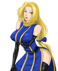 Rule 34 | 1girl, bare shoulders, black gloves, black thighhighs, blonde hair, blue eyes, boots, breast hold, breasts, charlotte christine de colde, covered erect nipples, elbow gloves, gloves, huge breasts, long hair, looking at viewer, low-tied long hair, ml, samurai spirits, side slit, snk, solo, thigh boots, thighhighs