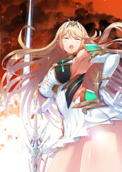 Rule 34 | 1girl, absurdres, armor, armpits, blonde hair, breasts, closed eyes, cloud, cloudy sky, dress, earrings, gloves, gold trim, green322, hand on own hip, highres, jewelry, large breasts, long hair, mythra (xenoblade), nintendo, open mouth, perspective, red sky, serious, sky, sparkle, sword, tiara, v-shaped eyebrows, weapon, xenoblade chronicles (series), xenoblade chronicles 2, yellow eyes