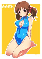 Rule 34 | &gt;:), 10s, 1girl, blush, breasts, brown eyes, brown hair, character name, cleavage, front zipper swimsuit, highres, idolmaster, idolmaster cinderella girls, large breasts, meme attire, mudou eichi, one-piece swimsuit, scrunchie, seiza, sitting, smile, swimsuit, totoki airi, twintails, twitter username, v-shaped eyebrows