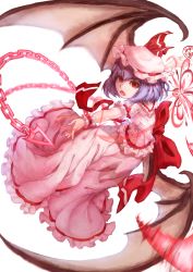 Rule 34 | 1girl, bat wings, blue hair, chkai2281, dress, fang, fangs, highres, large wings, looking at viewer, looking to the side, open mouth, red eyes, remilia scarlet, sharp teeth, short hair, simple background, smile, teeth, embodiment of scarlet devil, touhou, white background, white dress, wings