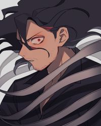 Rule 34 | 1boy, black hair, black shirt, bloodshot eyes, boku no hero academia, collared shirt, commentary, eraser head (boku no hero academia), facial hair, floating hair, floating scarf, grey background, grey scarf, highres, long hair, looking at viewer, male focus, mommorua, parted lips, red eyes, scarf, shirt, simple background, solo, stubble