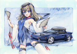 Rule 34 | 1girl, armpit peek, blue background, blue skirt, breasts, brown hair, car, detached sleeves, hand fan, hi fumiyo, highres, holding, holding fan, long hair, looking at viewer, medium breasts, motor vehicle, open mouth, original, personification, red ribbon, ribbon, shirt, skirt, sports car, thighhighs, toyota, toyota mr2, vehicle and personification, vehicle name, white shirt, white thighhighs, wide sleeves