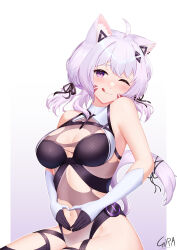 Rule 34 | 1girl, ;3, absurdres, ahoge, animal ear fluff, animal ears, artist name, bare shoulders, black ribbon, breasts, cat ears, cat girl, cat tail, commission, ear piercing, elbow gloves, facial mark, girarikyo, gloves, hair ribbon, heart, heart hands, highres, indie virtual youtuber, leotard, medium breasts, navel, one eye closed, piercing, purple eyes, purple hair, ribbon, shyrei faolan, solo, tail, tail ornament, tail ribbon, tongue, torn clothes, torn leotard, triangle hair ornament, two-tone gloves, virtual youtuber