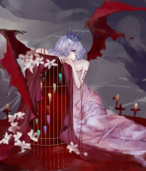 Rule 34 | 1girl, absurdres, alternate costume, bare shoulders, bat wings, birdcage, blood, cage, closed mouth, cross, dress, flower, frown, highres, kelou, looking at viewer, pale skin, pink dress, red eyes, remilia scarlet, short hair, silver hair, solo, strapless, strapless dress, tiara, tombstone, touhou, wings