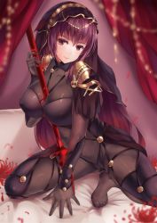 Rule 34 | 1girl, armor, between breasts, bodysuit, breasts, covered erect nipples, fate/grand order, fate (series), flower, gae bolg (fate), highres, holding, holding weapon, large breasts, long hair, looking at viewer, pauldrons, polearm, purple eyes, purple hair, scathach (fate), shoulder armor, smile, solo, spear, spider lily, spread legs, squatting, veil, weapon, zomzomzomsauce