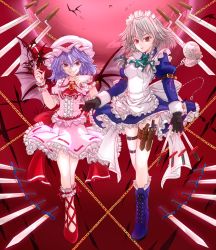Rule 34 | 2girls, bat wings, braid, chain, female focus, fingerless gloves, gloves, hat, highres, holster, izayoi sakuya, knife, light purple hair, maid, maid headdress, mickey dunn, moon, multiple girls, pocket watch, red eyes, red moon, remilia scarlet, revision, short hair, silver hair, thigh holster, throwing knife, touhou, twin braids, watch, weapon, wings