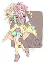 Rule 34 | 1girl, arknights, artist name, asymmetrical legwear, blue eyes, blush, bouquet, bow, brown background, brown footwear, brown necktie, brown vest, clothes around waist, commentary request, flower, glasses, gloves, green gloves, green shorts, hair bow, hat, highres, holding, holding bouquet, jacket, jacket around waist, looking at viewer, may (arknights), mismatched legwear, necktie, open mouth, penguin hat, pink hair, red-framed eyewear, red bow, rryy, semi-rimless eyewear, shirt, shorts, socks, solo, teeth, thigh strap, thighhighs, two-tone background, upper teeth only, vest, white background, white shirt, yellow flower, yellow socks, yellow thighhighs