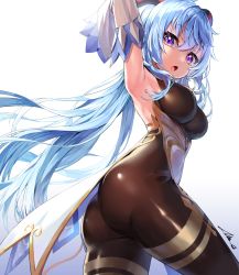 Rule 34 | 1girl, :o, armpits, arms up, ass, black bodysuit, black legwear, blue hair, bodysuit, breasts, detached sleeves, from side, ganyu (genshin impact), genshin impact, horns, long hair, long sleeves, looking at viewer, medium breasts, open mouth, overlord (overlord80000), purple eyes, simple background, sleeveless, solo, white background