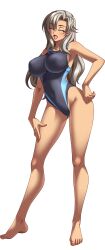 Rule 34 | 1girl, absurdres, barefoot, bishop (company), blonde hair, breasts, closed eyes, covered navel, curvy, dark-skinned female, dark skin, female focus, full body, game cg, grey hair, happy, highleg, highleg swimsuit, highres, kagami hirotaka, large breasts, long hair, mesu kyoushi 3, mizusawa chisato, mole, mole under eye, one-piece swimsuit, open mouth, smile, solo, swimsuit, transparent background, wide hips, yellow eyes