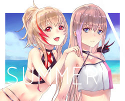 Rule 34 | 2girls, akatsuki suzumi, alternate costume, alternate hairstyle, armpit peek, bare shoulders, beach, blue eyes, blue sky, closed mouth, cloud, collarbone, crop top, day, fang, girls&#039; frontline, groin, hair between eyes, hand on another&#039;s shoulder, headgear, high ponytail, leaning on person, long hair, looking at viewer, m4 sopmod ii (girls&#039; frontline), multicolored hair, multiple girls, ocean, open mouth, outside border, pink hair, ponytail, prosthesis, prosthetic hand, red eyes, red hair, sand, sidelocks, sky, smile, st ar-15 (girls&#039; frontline), stomach, streaked hair, swimsuit, text focus, v, water