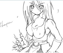 Rule 34 | &gt;:), 1girl, blush, breasts, champion (ragnarok online), cleavage, closed mouth, cowboy shot, fingerless gloves, gloves, greyscale, hair between eyes, kaminagi (kaminagi-tei), large breasts, long hair, looking at viewer, monochrome, ragnarok online, simple background, solo, tank top, v-shaped eyebrows, very long hair, white background