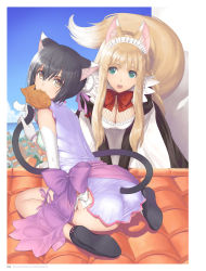 Rule 34 | 10s, 2girls, :3, :o, animal ears, apron, artist name, bare legs, bare shoulders, bent over, black dress, black footwear, black hair, blonde hair, border, bow, bowtie, breasts, brown eyes, bun cover, cat ears, cat tail, china dress, chinese clothes, city, cleavage, closed mouth, clothing cutout, cookie, downblouse, dress, elbow gloves, fishnets, food, fox ears, fox tail, from behind, gloves, hair bun, hanging breasts, highres, house, juliet sleeves, large breasts, long sleeves, looking at viewer, looking back, lorna (shining hearts), maid, maid headdress, medium breasts, mouth hold, multiple girls, no legwear, open clothes, outdoors, page number, panties, puffy sleeves, purple bow, purple dress, red bow, red bowtie, round teeth, shaomei rin, shining (series), shining hearts, shining world, shoe soles, shoes, short hair, side-tie panties, sidelocks, single hair bun, sitting, sleeveless, sleeveless dress, smile, standing, tail, tail through clothes, taiyaki, teeth, thighs, tile roof, tony taka, underwear, v arms, wagashi, wariza, white apron, white border, white bow, white gloves, white panties