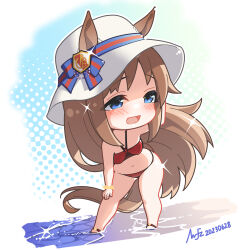 Rule 34 | 1girl, animal ears, bikini, breasts, chibi, commentary, dated, ears through headwear, grass wonder (umamusume), hat, hat ribbon, highres, horse ears, horse girl, horse tail, leaning forward, light brown hair, long hair, looking to the side, medium breasts, navel, no nose, open mouth, red bikini, ribbon, scrunchie, signature, small breasts, smile, solo, sparkle, swimsuit, tail, thighs, umamusume, very long hair, warashi, water, white hat, wrist scrunchie