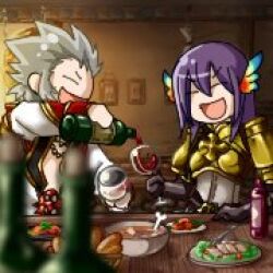 Rule 34 | 1boy, 1girl, :d, alcohol, armor, blue wings, bone, boobplate, bottle, bread, breastplate, cape, chibi, closed eyes, coat, commentary request, cross, cup, drinking glass, food, gauntlets, gradient wings, grey hair, grin, head wings, high priest (ragnarok online), indoors, long hair, long sleeves, lord knight (ragnarok online), love morocc, lowres, meat, multicolored coat, multicolored wings, open mouth, orange wings, pauldrons, plate, pouring, purple hair, ragnarok online, red cape, red coat, second-party source, short hair, shoulder armor, smile, soup, spiked hair, table, two-tone coat, upper body, white coat, wine, wine bottle, wine glass, wings, wooden table