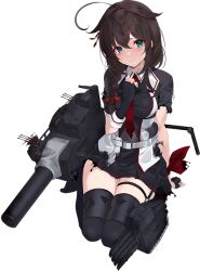Rule 34 | 1girl, ahoge, black gloves, black skirt, blue eyes, braid, breasts, brown hair, fingerless gloves, full body, gloves, hair flaps, hair over shoulder, kantai collection, kujou ichiso, long hair, looking at viewer, machinery, medium breasts, necktie, official art, puffy short sleeves, puffy sleeves, red necktie, seiza, shigure (kancolle), shigure kai san (kancolle), shirt, short sleeves, single braid, sitting, skirt, solo, torpedo, transparent background, turret