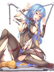 Rule 34 | 1girl, absurdres, bdsm, blue hair, blush, bondage, bound, breasts, chain, collar, cuffs, cyoppu, dragon quest, dragon quest iii, highres, large breasts, leash, long hair, nipple clamps, nipples, priest (dq3), red eyes, solo, spreader bar, tears, tongue, tongue out, torn clothes