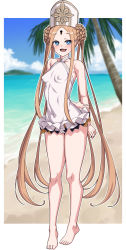 Rule 34 | 1girl, abigail williams (fate), abigail williams (swimsuit foreigner) (fate), arms behind back, bare shoulders, beach, black bow, blonde hair, blue eyes, blue sky, blush, bow, braid, braided bun, breasts, cameltoe, covered erect nipples, covered navel, double bun, dress swimsuit, fate/grand order, fate (series), forehead, full body, hair bun, hat, highres, keyhole, long hair, looking at viewer, mitre, multiple bows, muta poo, ocean, one-piece swimsuit, open mouth, orange bow, palm tree, parted bangs, shore, sidelocks, sky, small breasts, smile, solo, swimsuit, tree, twintails, very long hair, white hat, white one-piece swimsuit