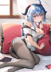 Rule 34 | 1girl, ahoge, ass, bare shoulders, black pantyhose, blue eyes, blue hair, blush, breasts, closed mouth, feet out of frame, ganyu (genshin impact), genshin impact, goat horns, highres, horns, large breasts, long hair, looking at viewer, lying, mctom, off shoulder, on side, pantyhose, pillow, shirt, short sleeves, solo, thighs, white shirt