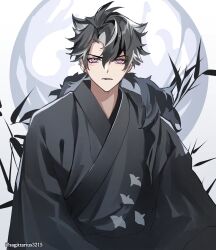 Rule 34 | 1boy, alternate costume, artist name, black hair, black kimono, closed mouth, commentary request, ear piercing, earrings, facial scar, fur-trimmed kimono, fur trim, genshin impact, grey hair, hair between eyes, highres, japanese clothes, jewelry, kimono, kukatsuma, long sleeves, looking at viewer, male focus, multicolored hair, parted bangs, piercing, plant, purple eyes, scar, scar on cheek, scar on face, short hair, simple background, solo, streaked hair, stud earrings, twitter username, upper body, v-shaped eyebrows, white background, wide sleeves, wriothesley (genshin impact)