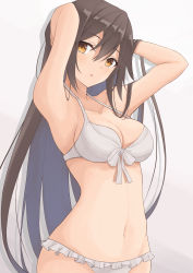 Rule 34 | 1girl, absurdres, arms behind head, bikini, black hair, breasts, brown eyes, cleavage, cowboy shot, frilled bikini, frills, gensoukitan, haruna (kancolle), highres, kantai collection, looking at viewer, medium breasts, simple background, solo, swimsuit, white background, white bikini