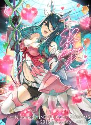 Rule 34 | 1girl, belt, black gloves, black shorts, blue eyes, blue hair, breasts, cleavage, company name, copyright name, daigoman, fire emblem, fire emblem cipher, gloves, heart, holding, holding weapon, long hair, medium breasts, midriff, navel, nintendo, official art, open mouth, oribe tsubasa, polearm, ponytail, short shorts, shorts, solo, tokyo mirage sessions fe, weapon