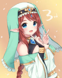 Rule 34 | 1girl, :d, anniversary, bare shoulders, blue eyes, braid, breasts, bridal gauntlets, brown hair, cleavage, commentary request, dress, frills, green dress, hands up, long hair, looking at viewer, medium breasts, misato (princess connect!), off-shoulder dress, off shoulder, open mouth, pointy ears, princess connect!, single braid, smile, solo, swept bangs, twitter username, veil, very long hair, yumoran