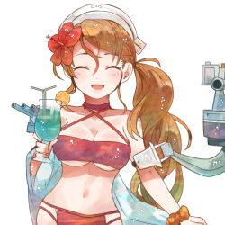 Rule 34 | 1girl, bikini, blush, breasts, brown hair, closed eyes, collarbone, cup, drink, drinking glass, drinking straw, facing viewer, flower, food, fruit, hair flower, hair ornament, hibiscus, holding, holding cup, italia (kancolle), itomugi-kun, kantai collection, large breasts, littorio (kancolle), long hair, machinery, navel, open mouth, orange (fruit), orange scrunchie, orange slice, red bikini, red flower, rigging, scrunchie, simple background, smile, solo, swimsuit, turret, upper body, white background, wrist scrunchie