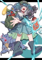 Rule 34 | 1girl, backpack, bag, blue eyes, blue footwear, blue hair, blue shirt, blue skirt, boots, chinchou, collared shirt, commentary, creatures (company), crossover, electricity, flat cap, frilled shirt collar, frills, game freak, gen 1 pokemon, gen 2 pokemon, gen 3 pokemon, gen 4 pokemon, gen 5 pokemon, golduck, green headwear, hair bobbles, hair ornament, hat, highres, holding, holding poke ball, kawashiro nitori, key, klink, letterboxed, looking at viewer, lotad, medium skirt, nintendo, open mouth, pocket, poke ball, poke ball (basic), poke ball symbol, pokemon, pokemon (creature), reaching, reaching towards viewer, rotom, rotom (normal), rubber boots, shirt, short hair, short sleeves, skirt, skirt set, smile, standing, tabun (osoracu), touhou, trait connection