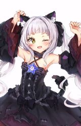 Rule 34 | 1girl, :3, animal ear fluff, animal ears, armpits, arms up, black dress, blush, bow, cat girl, detached sleeves, dress, dress bow, gothic lolita, grey hair, halterneck, highres, hololive, lolita fashion, long hair, looking at viewer, murasaki shion, murasaki shion (gothic lolita), one eye closed, open mouth, seboneko, solo, tail, tail bow, tail ornament, twintails, virtual youtuber, yellow eyes