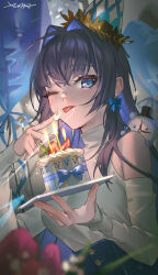 Rule 34 | 1girl, ;p, birthday, birthday cake, black hair, blue eyes, blue hair, blurry, blurry foreground, cake, candle, clothing cutout, colored inner hair, earrings, food, hair intakes, hat, highres, holding, holding plate, hololive, hololive english, jewelry, jyuma, kronie (ouro kronii), long hair, looking at viewer, multicolored hair, one eye closed, ouro kronii, party hat, plate, shoulder cutout, solo, tongue, tongue out, virtual youtuber