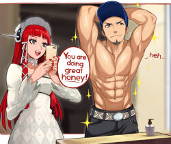 1boy 1girl abs arms_behind_head arms_up baseball_cap belt black_pants blue_hat blunt_bangs breasts cellphone commentary dress english_commentary english_text eyelashes facial_hair hair_ribbon hairband hat highres holding holding_phone iori_junpei long_hair nail_polish neggoartz no_nipples open_mouth pants persona persona_3 phone red_hair red_nails ribbon smartphone sparkle speech_bubble sweat taking_picture toned toned_male topless_male white_dress yoshino_chidori