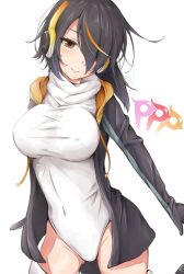 Rule 34 | 10s, 1girl, black hair, blonde hair, blush, breasts, brown eyes, closed mouth, covered erect nipples, covered navel, cowboy shot, emperor penguin (kemono friends), group name, hair over one eye, headphones, highleg, highleg leotard, highres, hood, hoodie, kemono friends, large breasts, legs apart, leotard, light smile, looking at viewer, multicolored hair, open clothes, open hoodie, simple background, smile, solo, standing, streaked hair, takumin (takumi415), thighhighs, thighs, white background, white leotard, white thighhighs