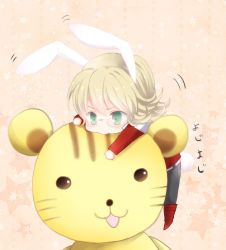 Rule 34 | 10s, 1boy, animal ears, bad id, bad pixiv id, barnaby brooks jr., blonde hair, boots, rabbit ears, rabbit tail, chibi, glasses, green eyes, jacket, kemonomimi mode, male focus, motion lines, red jacket, solo, stuffed animal, stuffed tiger, stuffed toy, tail, tiger &amp; bunny, yuzuame