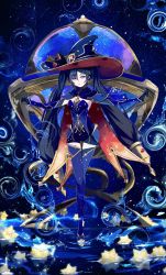 Rule 34 | 1girl, black gloves, blue cape, blunt bangs, breasts, brown pantyhose, cape, cape lift, commentary request, detached sleeves, full body, genshin impact, gloves, gold trim, green eyes, hat, highres, long sleeves, looking at viewer, mona (genshin impact), new gnsn, pantyhose, parted lips, purple hair, purple hat, red cape, small breasts, solo, standing, thigh gap, twintails, two-sided cape, two-sided fabric, witch hat