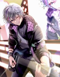 Rule 34 | 1boy, bracelet, fuwa minato, grey hair, grin, guitar, highres, holding, holding plectrum, instrument, jacket, jewelry, male focus, meme (mm ta mm), multicolored hair, music, necklace, nijisanji, one eye closed, open clothes, open jacket, pants, playing instrument, plectrum, purple eyes, purple hair, purple jacket, purple pants, red hair, ring, smile, solo, stage, streaked hair, undershirt, virtual youtuber