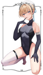 Rule 34 | 1girl, absurdres, bare shoulders, black gloves, black leotard, blue archive, blue eyes, blue hair, blue ribbon, braid, breasts, bun cover, commentary, elbow gloves, french braid, gloves, hair ribbon, hand up, head tilt, highleg, highleg leotard, highres, index finger raised, kittf, kneeling, leotard, licking, licking finger, light brown hair, looking at viewer, maid headdress, medium breasts, multicolored hair, no shoes, ribbon, short hair, simple background, single thighhigh, solo, streaked hair, thighhighs, toki (blue archive), tongue, tongue out, white background, white thighhighs