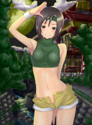 Rule 34 | 1990s (style), 1girl, architecture, arm behind back, armpits, bare shoulders, brown eyes, brown hair, cloud, cowboy shot, east asian architecture, final fantasy, final fantasy vii, full moon, grin, headband, midriff, moon, muffin (sirumeria), navel, no panties, open fly, salute, short hair, short shorts, shorts, sky, sleeveless, sleeveless turtleneck, smile, solo, star (sky), starry sky, stream, tree, turtleneck, unzipped, wristband, yuffie kisaragi