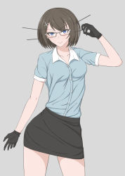 Rule 34 | 1girl, alternate costume, black gloves, blue eyes, breasts, brown hair, contrapposto, glasses, gloves, grey background, intirami, kantai collection, maya (kancolle), medium breasts, skirt, smirk, solo, standing