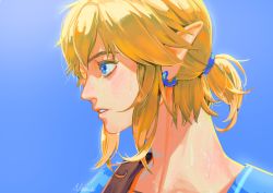 Rule 34 | 1boy, absurdres, artist name, blonde hair, blue background, blue eyes, blue shirt, blush, collarbone, from side, gradient background, highres, link, nintendo, parted lips, pointy ears, ponytail, portrait, profile, shirt, short hair, short ponytail, sidelocks, signature, simple background, solo, teeth, tehwi, the legend of zelda, the legend of zelda: breath of the wild