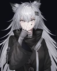 Rule 34 | 1girl, absurdres, animal ears, arknights, bad id, bad pixiv id, black background, black jacket, black nails, buttons, fingerless gloves, gloves, grey eyes, grey gloves, grey hair, hair between eyes, hair ornament, hairclip, hand over face, hand up, highres, jacket, lappland (arknights), long hair, long sleeves, looking at viewer, messy hair, nail polish, scar, scar across eye, scar on face, simple background, solo, straight-on, suiua, upper body, very long hair, wolf ears