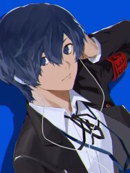 Rule 34 | 1boy, absurdres, black jacket, black ribbon, blue background, blue eyes, blue hair, closed mouth, collared shirt, commentary, gekkoukan high school uniform, hair between eyes, hand up, headphones, highres, jacket, kibooouu, long sleeves, looking at viewer, male focus, neck ribbon, open clothes, open jacket, persona, persona 3, persona 3 reload, ribbon, s.e.e.s, school uniform, shirt, short hair, solo, upper body, white shirt, yuuki makoto (persona 3)
