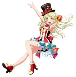 Rule 34 | 1girl, :d, absurdres, arm up, bang dream!, black hat, black shorts, blonde hair, blush, bow, breasts, cleavage, clothes writing, earrings, floating hair, from side, full body, hat, hat bow, high heels, highres, holding, jewelry, long hair, medium breasts, open mouth, pom pom (clothes), red bow, see-through, short shorts, shorts, simple background, sleeveless, smile, solo, tsurumaki kokoro, white background, yellow eyes