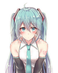 Rule 34 | 1girl, ahoge, akira (been0328), bad id, bad pixiv id, bare shoulders, black sleeves, blush, closed mouth, collarbone, collared shirt, commentary request, detached sleeves, green eyes, green hair, green necktie, hair between eyes, hair ornament, hatsune miku, looking at viewer, necktie, shirt, simple background, sleeveless, sleeveless shirt, solo, sweat, upper body, vocaloid, white background, white shirt
