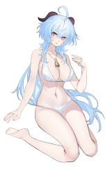 Rule 34 | 1girl, absurdres, ahoge, bare arms, bare legs, bare shoulders, barefoot, bikini, blue hair, breasts, commentary, echj, ganyu (genshin impact), genshin impact, halterneck, hand up, highres, horns, jewelry, large breasts, long hair, looking at viewer, navel, parted lips, pendant, purple eyes, simple background, sitting, solo, stomach, string bikini, swimsuit, thighs, very long hair, wariza, white background, white bikini