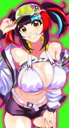 Rule 34 | 1girl, bare shoulders, bikini, black hair, black shorts, blue hair, blush, breasts, cleavage, fate/grand order, fate (series), green background, green hat, grin, hat, headphones, headphones around neck, highres, jacket, large breasts, long hair, long sleeves, looking at viewer, multicolored hair, navel, off shoulder, open clothes, open jacket, red hair, sei shounagon (fate), sei shounagon (swimsuit berserker) (fate), short shorts, shorts, sidelocks, smile, solo, swimsuit, thigh strap, thighs, twintails, visor cap, volyz, white bikini, white jacket, yellow eyes