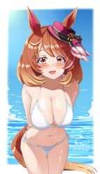 Rule 34 | 1girl, a.nori, absurdres, alternate costume, animal ears, arms behind back, bikini, blush, breasts, brown hair, cleavage, collarbone, dated, hair ornament, highres, horse ears, horse girl, horse tail, looking at viewer, medium breasts, navel, north flight (umamusume), open mouth, sky, solo, swimsuit, tail, umamusume
