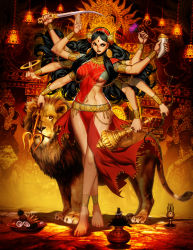 Rule 34 | 1girl, bindi, black hair, bow (weapon), breasts, cleavage, dagger, dark skin, durga, extra arms, facial mark, flower, forehead mark, genzoman, hindu mythology, hinduism, knife, lion, looking to the side, navel, navel piercing, piercing, polearm, serious, staff, stomach, trident, weapon, wide hips
