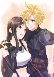 Rule 34 | 1boy, 1girl, absurdres, arm guards, armor, bare shoulders, black gloves, black hair, black skirt, black sports bra, blonde hair, blue eyes, bracelet, breasts, brown gloves, cloud strife, couple, crop top, elbow gloves, final fantasy, final fantasy vii, final fantasy vii remake, fingerless gloves, gloves, hand on another&#039;s shoulder, highres, jewelry, long hair, looking at another, medium breasts, mizuamememe, open mouth, red eyes, ribbed sweater, shoulder armor, sidelocks, skirt, smile, spiked hair, sports bra, suspender skirt, suspenders, sweater, swept bangs, tank top, teeth, tifa lockhart, turtleneck, turtleneck sweater, undershirt, upper body, upper teeth only, white tank top